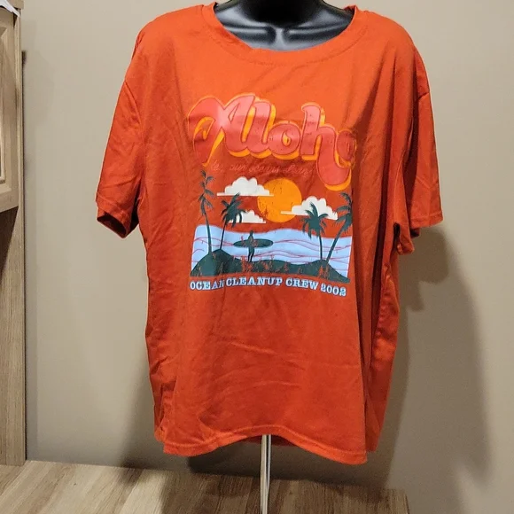 Nearly New SHEIN Orange Aloha Print Tee XXL - Picture 1 of 7